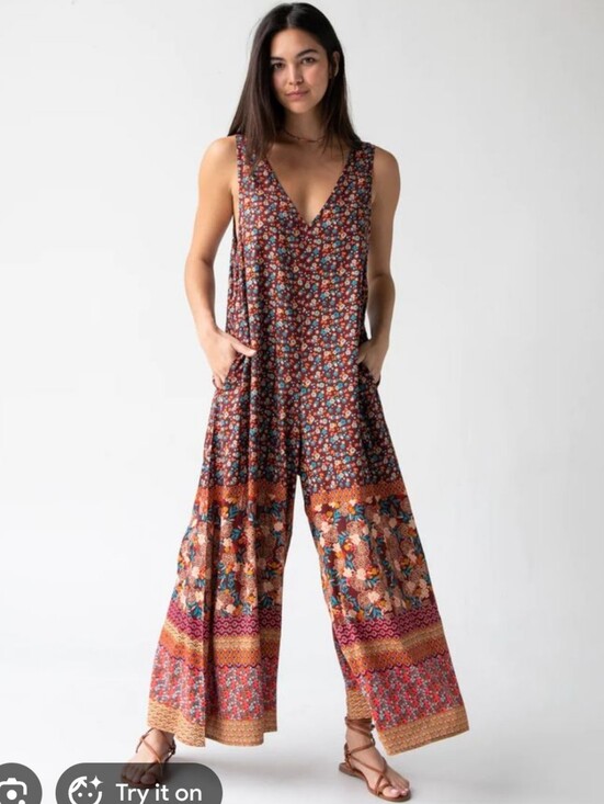 NATURAL LIFE Pants - Natural Life Women's Let's Just Go Wide Leg Jumpsuit Sz XS Boho Maroon Floral